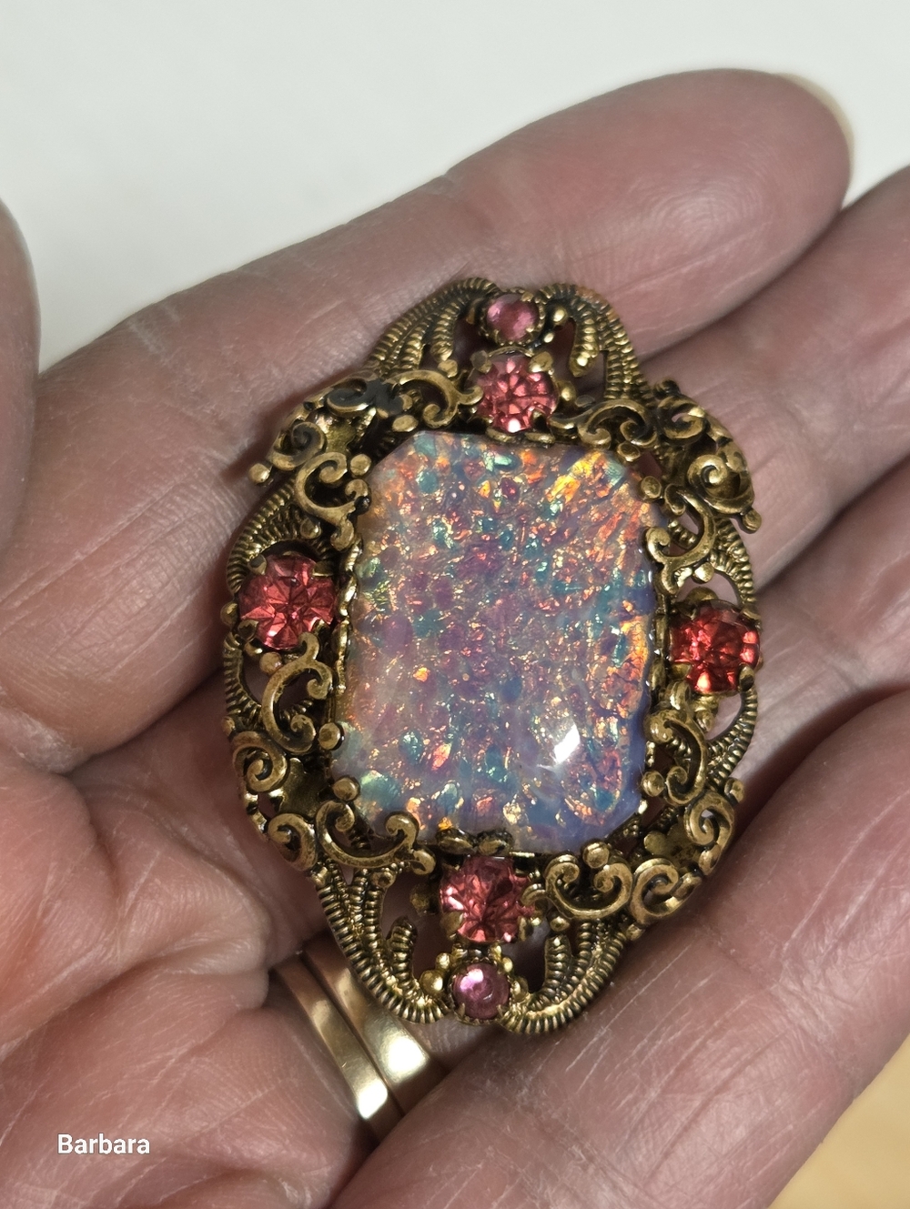 Vintage 30s-40s Czechoslavakia Brass Open-work & Glass Pin-Opal Brooch